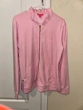 Lilly Pulitzer Jacket Womens XL Pink Velour Ruffle Neck Full Zip