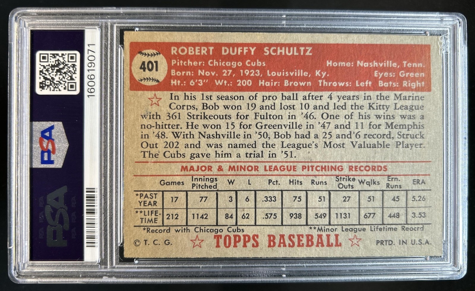 1952 Topps Bob Schultz Rookie RC #401 Cubs PSA 7 view 2