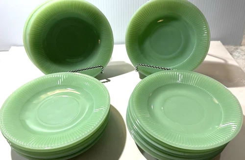 set of 3 Vintage Ribbed on Front & Back with Anchor Jadeite Saucer Jane Ray