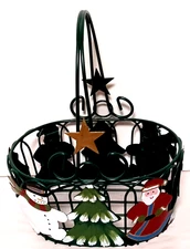 Metal Christmas Basket Green with Santa Snowman and Tree Figures