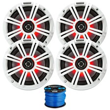Kicker 6.5" 2-Way 195W Coaxial Marine LED Speakers 2 Pair w/White Grille, Wire