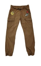 Ring Of Fire Boys Brown Cargo Jogger Pants W/ Smiley Face Rose Patches Size 8