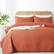 Burnt Orange Quilt Set Full/Queen 3pcs Ultrasonic Embossed Coverlet