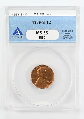 Certified 1939-S Lincoln Cent ANACS MS65 Red Wheat Penny 1c