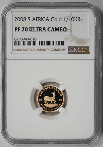 2008 South Africa 1/10 Krugerrand 1/10 oz Gold Proof PF 70 Ultra Cameo NGC