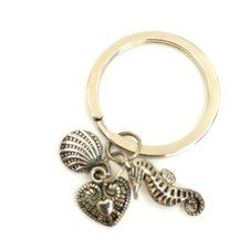 Silver Keychain with Heart, Shell, and Seahorse Charms