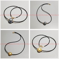 Faceted 3mm Bright Black Spinel Round Gems 11-12mm Pearl Necklace 14-32''