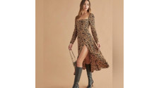 Reformation Sigmund Leopard Midi Dress Square Neck Long Sleeves Brown Size 4
