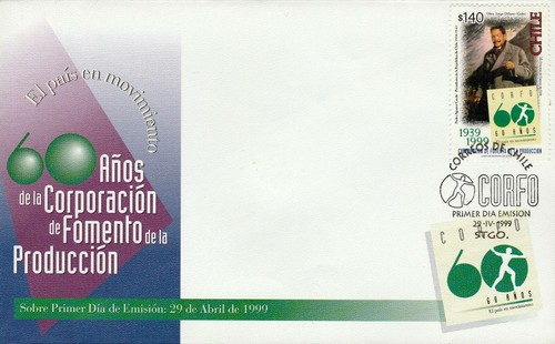 Chile 1999 FDC Scott 1281 CORFO 60th Ann. Pedro Aguirre Cerda former president - 第 1/1 張圖片