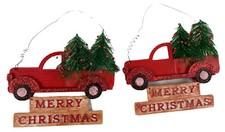 Red Truck Christmas Tree Ornament Wooden Set Of 2