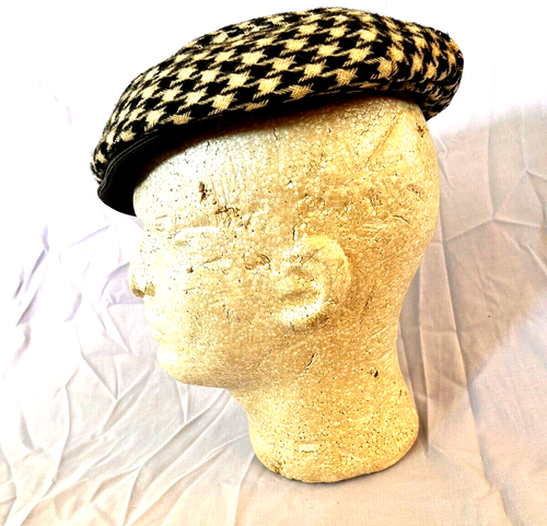 VINTAGE OLEG CASSINI WOMAN'S BLACK/WHITE CAP/HAT w/LEATHER BRIM/TRIM VGC - Picture 8 of 11