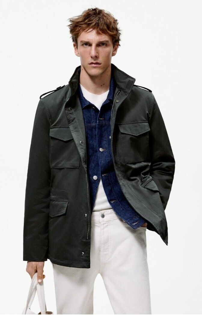 New Zara Waxed Jacket w Pockets Military Field Safari S 8288 New Zara Waxed Jacket w Pockets Military Field Safari S 8288