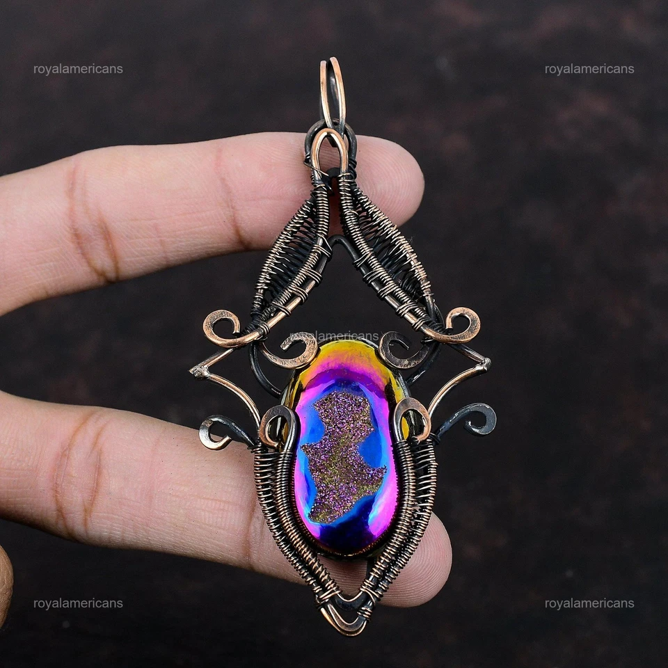 Colgante envuelto en alambre de titanio Druzy hecho a mano cobre ropa de fiesta joyería 3,7" Foto 4 de 4