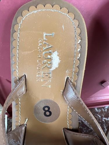 Lauren Ralph Rosalind 8 Sandals Flip Flops Faux Leather Tan RLL Logo Gold READ - Picture 3 of 14