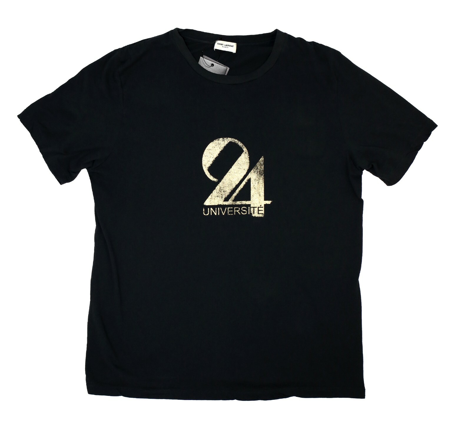 Nuova autentica T shirt nera Saint Laurent oro ""24 Universite"" taglia M