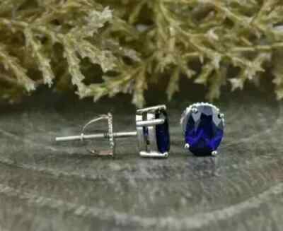 4Ct Lab Created Sapphire Screw Back Stud Women Earrings 14K White Gold Finish