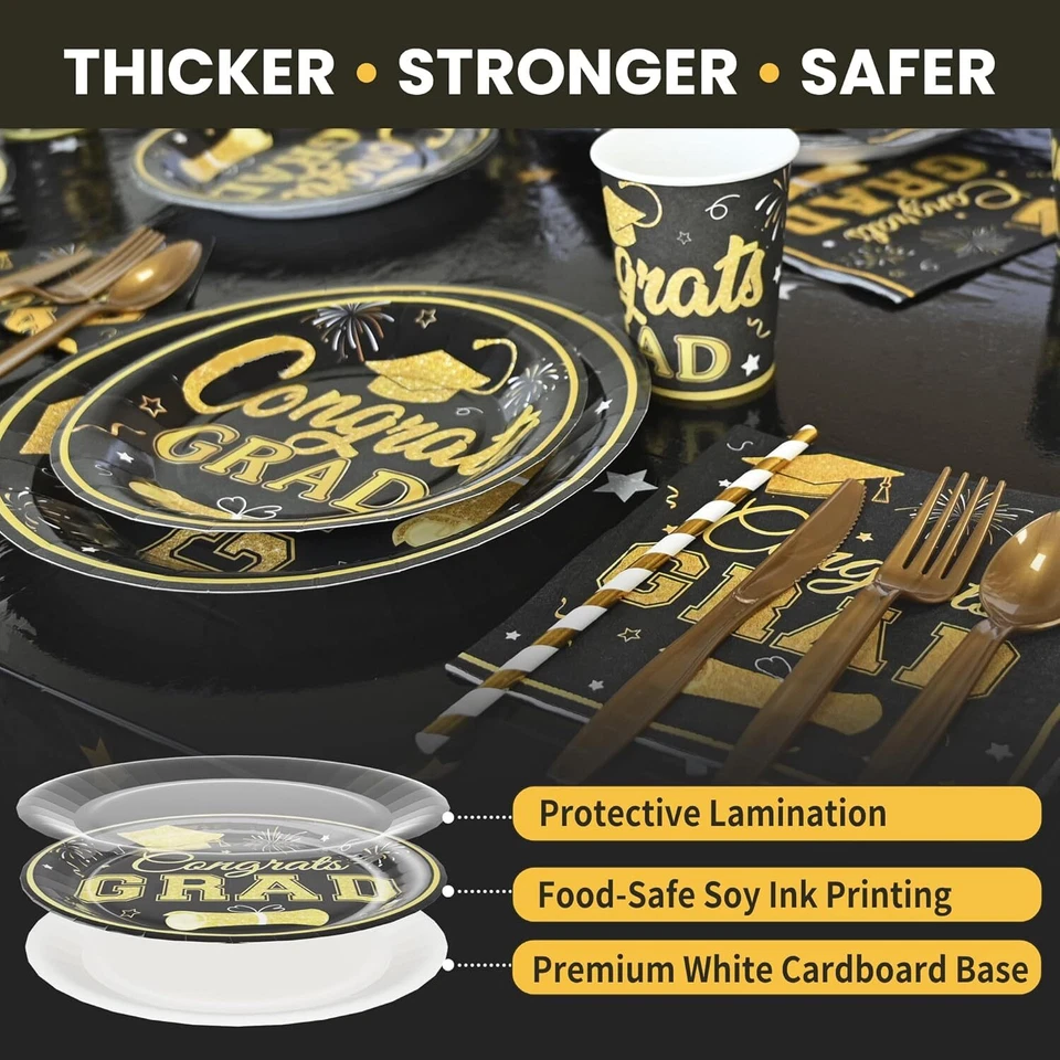 Gold and Black Graduation Decorations Set 152PCS Banner, Paper Plates and Napkin - Image 3 of 4