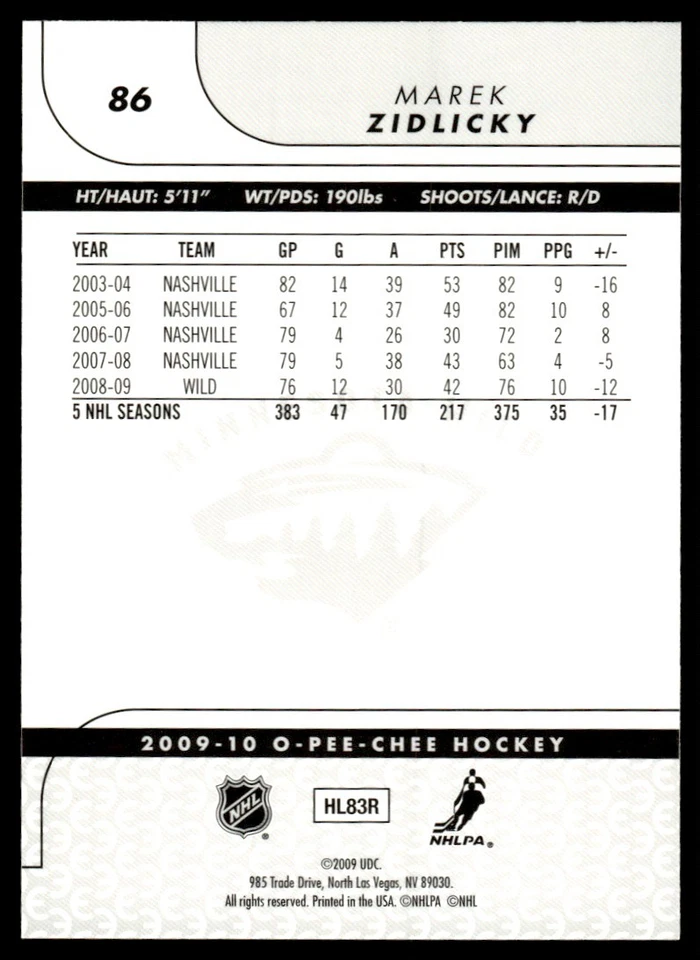 2009-10 O-Pee-Chee Rainbow Marek Zidlicky Minnesota Wild #86 - Image 2 of 2