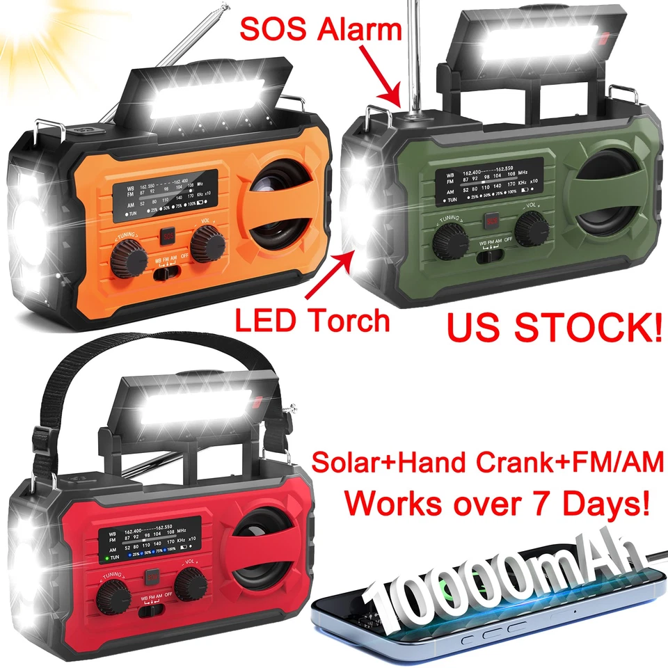 100000mAh Emergency Solar Hand Crank Weather Radio Power Bank Charger Flashlight
