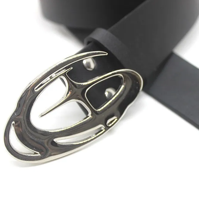 Y2K Black Leather Belt Silver Abstract Buckle Vintage 