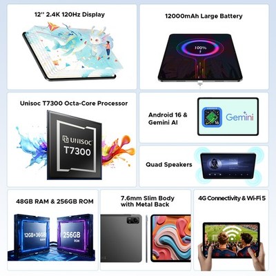 POCKAM P12 Pro Android 16 Tablet 12 inch Tablet 48GB+256GB