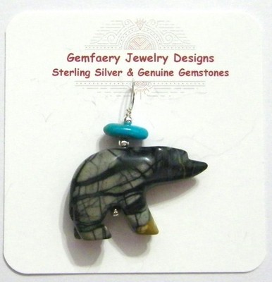NEW: Sterling Silver Carved BLACKLINE JASPER Bear Pendant...Handmade USA