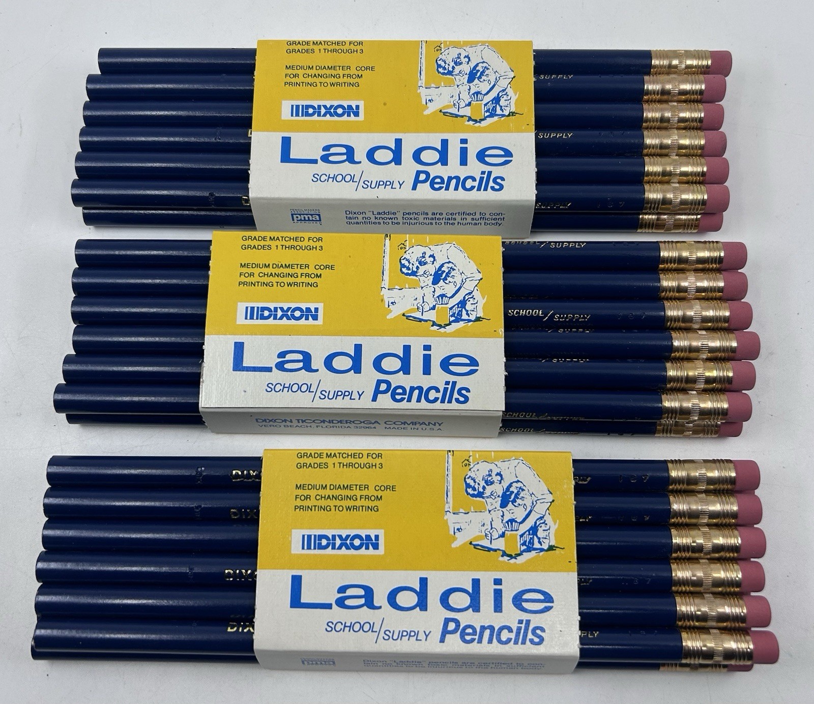 36 NOS Laddie School Supply Pencils DIXON no. 3304 Round Eraser Tipped Vtg. USA