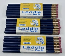 36 NOS Laddie School Supply Pencils DIXON no. 3304 Round Eraser Tipped Vtg. USA