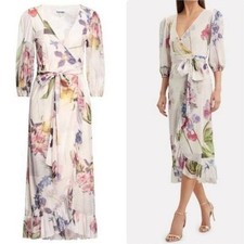 GANNI Tilden Floral Wrap Dress Long Sleeve Sheer Mesh Ruffle Midi Boho Feminine