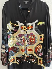 Citron Santa Monica L Silk Oriental Garden Print Black Artwear Boho Top