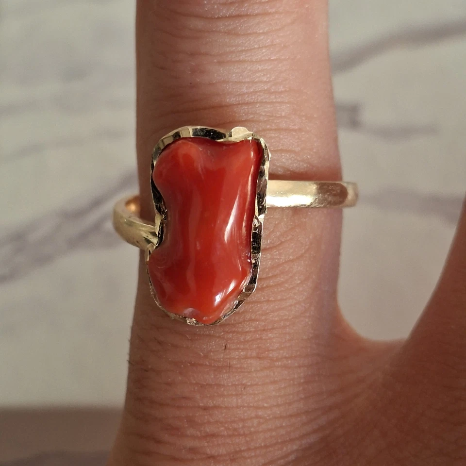 Anello vero corallo Antico ROSSO Di Sardegna Argento 925 Oro Giallo 18 KT - Immagine 2 di 4