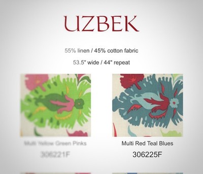 Quadrille Fabrics Uzbek Multi Red Teal Blues 306225F Linen/Cotton
