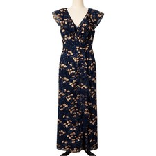 JS Collections Floral Embroidered Maxi Gown Navy Gold Ruffle Dress 6 NWT