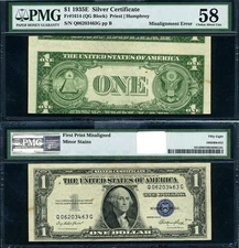 FR. 1614 $1 1935-E Silver Certificate ERROR Misalignment PMG Choice AU58 Stains