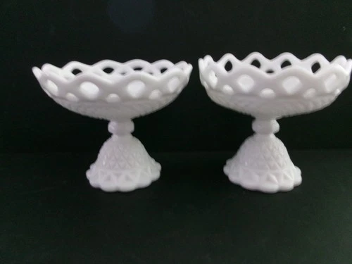 vtg 2 non matching Imperial white milk glass reticulated edge footed compotes