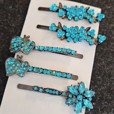Set Of 5 Aqua Teal Rhinestone hair pins Special Occasion Bun Braid Prom Party