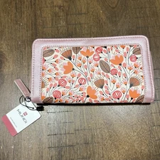 NWT! Mundi Zip Around Shimmery Pink Metallic Floral Wallet Cards Snap 8”x4.5”