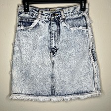 90s Crayon Denim Jean Skirt Small Acid Wash Mini Pencil Fringe Cotton Vintage