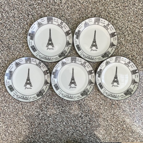 222 Fifth Eiffel Tower Paris Appetizer/Dessert Plates Set Of 5 Black & White