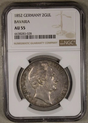 1852 Bavaria German States Silver 2 Gulden NGC AU55