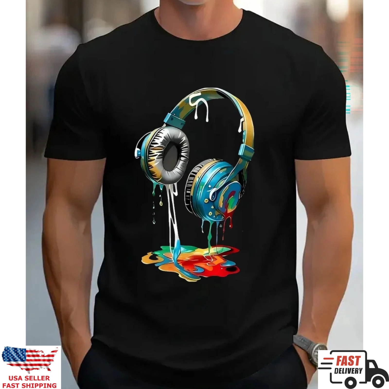 DJ Headphones Shirt Color Splash Music Graphic Tee Streetwear Style