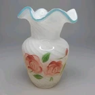 Fenton Glass Spiral Optic Aqua Crest Ruffled Edge Hand Painted Roses Vase Vtg