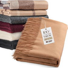 Luxurious 100 Cashmere Throw Blanket 60x54" - Soft Warm Fringe in Camel