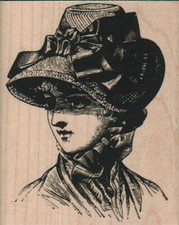 Lady In Ribboned Hat 2 1/2 x 3" Rubber Stamp, Woman Stamp, People Stamp