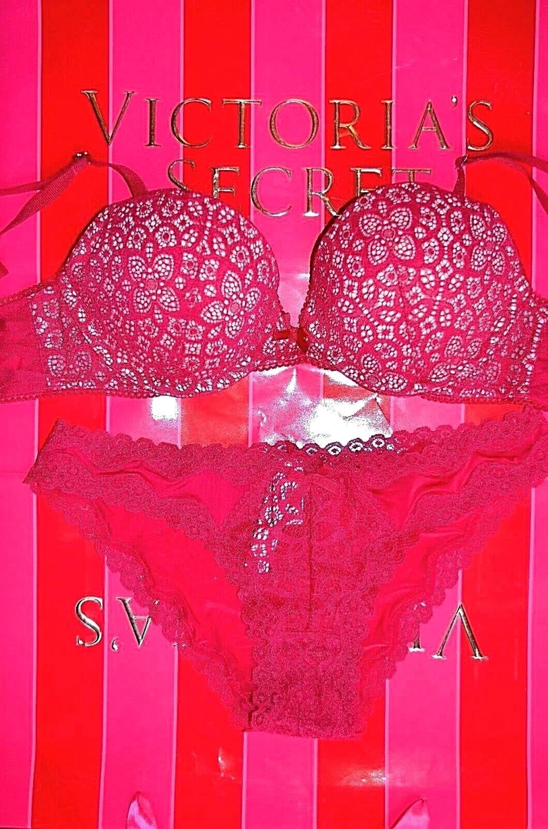 Victoria Secret Bra Panty Set Lace Burgundy Red Very Sexy Push-Up 32C S  Cherry