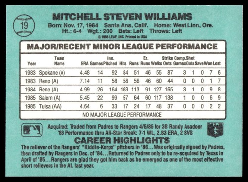1986 Donruss The Rookies #19 Mitch Williams Texas Rangers GEM-MINT - Picture 2 of 2