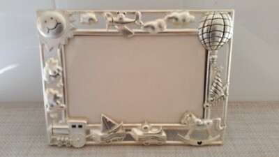 Baby Metal Picture Frame  5.5x3.5 Photo Sun Plane Clouds Toys Golden Tone 3D