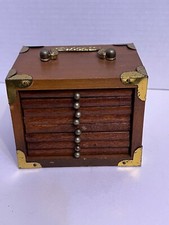 Vintage MCM Wood Cork 8-Pc Coasters Wooden Drawer Holder w/ Handle Brass Corners