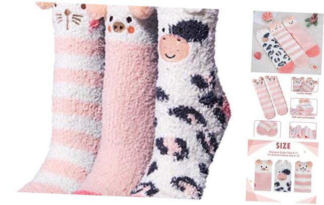 3 Pairs Womens Fuzzy Socks Cozy Winter Warm Fluffy Soft Cute Animal A-baby Pink