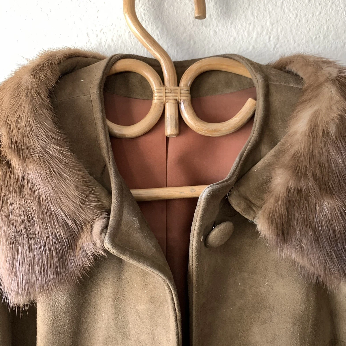 Vintage 1940s 50s Suede Leather Car Coat Fur Trim Jacket Hollywood